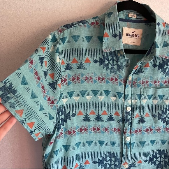 Hollister Linen Button Up Blue Geometric Aztec, Size Large - Picture 3 of 10